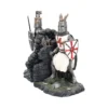 Crusader Knight Figurines Resin Sculpture Set - White and Red Armor Two medieval crusader knight figurines in armor beside a stone wall. The-Hidden-Hatch