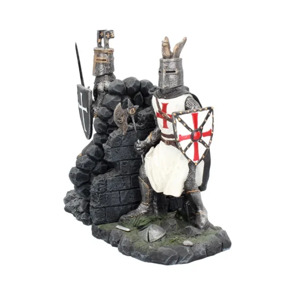 Crusader Knight Figurines Resin Sculpture Set - White and Red Armor Two medieval crusader knight figurines in armor beside a stone wall. The-Hidden-Hatch