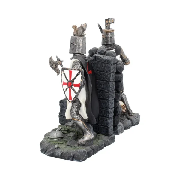 Medieval Knight Figurine Set Resin White Red Cross Wall Divider Two medieval knight figurines back to back divided by a stone wall, detailed craftsmanship The-Hidden-Hatch