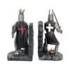 Crusader Knight Figurines Resin Bookends - Black and Silver Armor Two medieval crusader knight figurines in detailed armor with crosses on tunics, stone bases. The-Hidden-Hatch