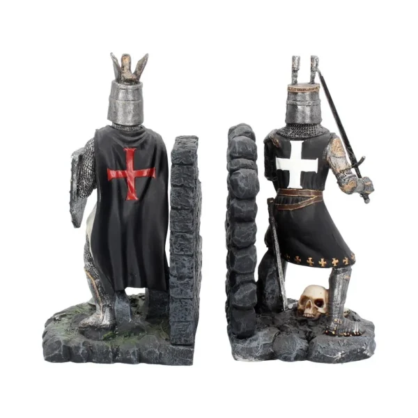 Crusader Knight Figurines Resin Bookends - Black and Silver Armor Two medieval crusader knight figurines in detailed armor with crosses on tunics, stone bases. The-Hidden-Hatch