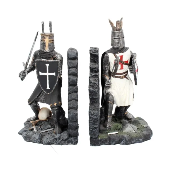 Medieval Knight Figurines Resin Set Black White - Battle Stance Two medieval knight figurines divided by a stone wall, black and white crusaders in battle stances The-Hidden-Hatch