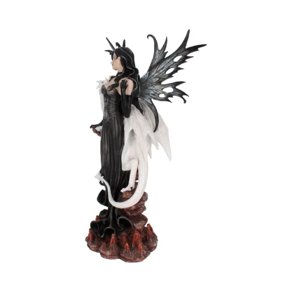 Dark Fairy Figurine Resin Statue Black Dress With White Dragon Dark fairy figurine with black wings and white dragon on fiery volcanic base by Nemesis Now.