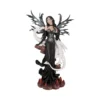 Dark Fairy Figurine Resin Sculpture Black Gown With White Dragon Dark fairy figurine with black wings standing beside a white dragon on a rocky base.