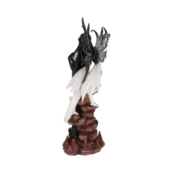 Dual-Winged Angel Demon Figurine Resin Statue - Black White Wings Dual-winged angel and demon figurine with black and white wings standing on a fiery rocky base.