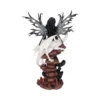 Dark Fairy And White Dragon Resin Statue - Volcanic Base Design Dark fairy with bat wings standing beside a white dragon on a rocky volcanic base statue.