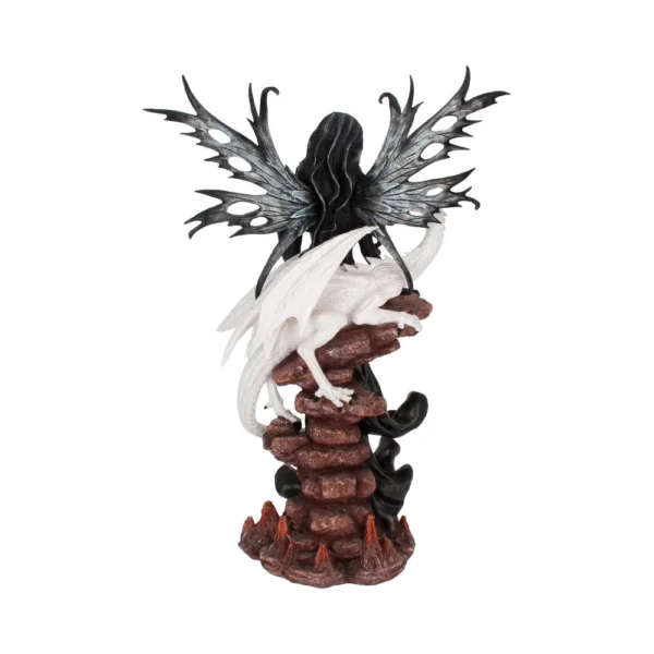 Dark Fairy And White Dragon Resin Statue - Volcanic Base Design Dark fairy with bat wings standing beside a white dragon on a rocky volcanic base statue.