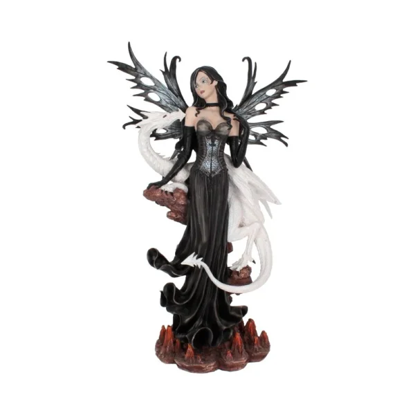 Dark Fairy Figurine Resin Sculpture Black Gown With White Dragon Dark fairy figurine with black wings standing beside a white dragon on a rocky base.