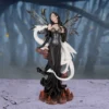 Dark Fairy Figurine Resin Sculpture Black Dress With White Dragon Licensed Gifts buying Dark fairy figurine with white dragon companion standing on fiery rock base, fantasy gothic sculpture.