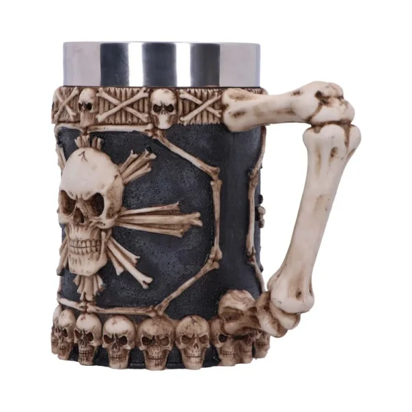 Gothic Skull Mug Resin Black with Metal Rim and Bone Handle A gothic-style black mug decorated with detailed skull and bone designs and a metal rim.