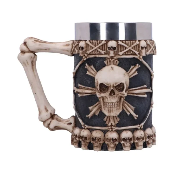 Gothic Skull Mug Stainless Steel Black - Skeletal Arm Handle A black gothic mug with skull and bone designs and a skeletal arm-shaped handle.
