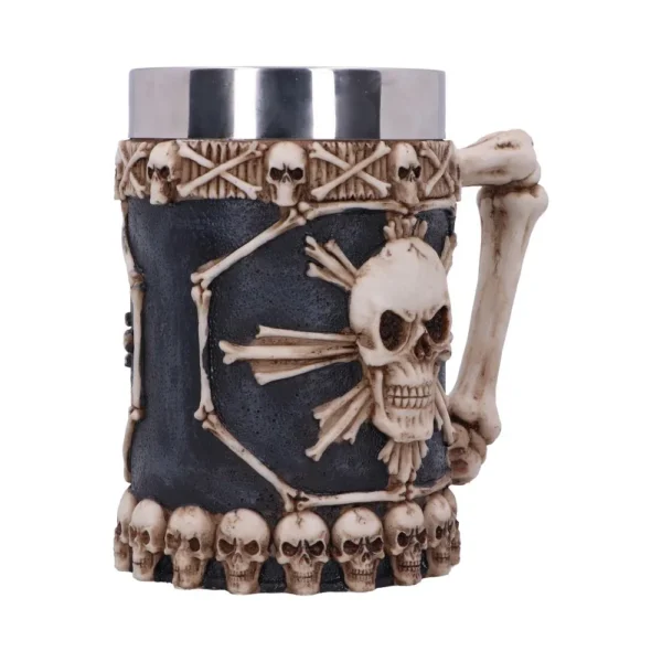 Gothic Skull Mug Stainless Steel Black - Bone Handle Design A black gothic mug with skull and bone designs and a stainless steel interior.