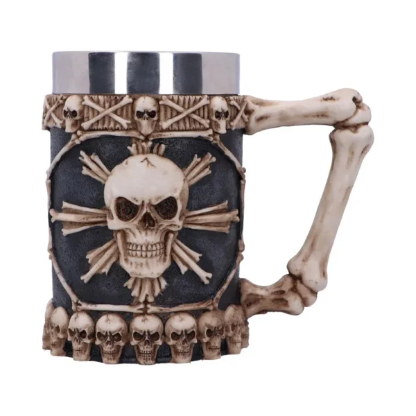 Gothic Skull Mug Stainless Steel Black - Skeletal Handle Design A gothic-style skull and crossbones mug with a skeletal handle and stainless steel interior.