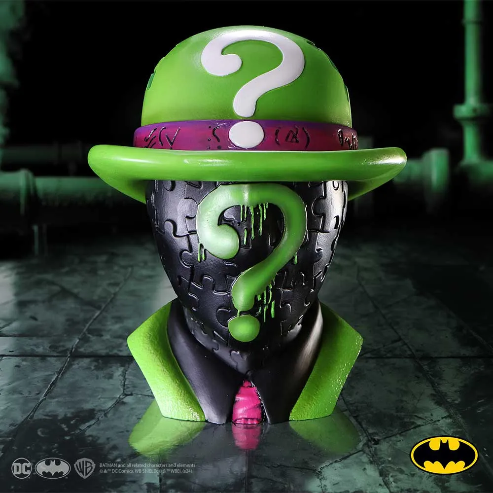 What Makes a Gift Collectable? 6 What makes a gift collectable? Green Riddler bust statue with puzzle face, question-mark hat, and magenta tie collectible.