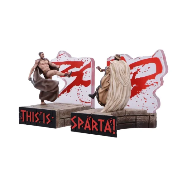 Spartan 300 Red Resin Medium Weight Bookends Spartan warrior kicking Persian enemy bookends inspired by the movie 300 with red stone bases.