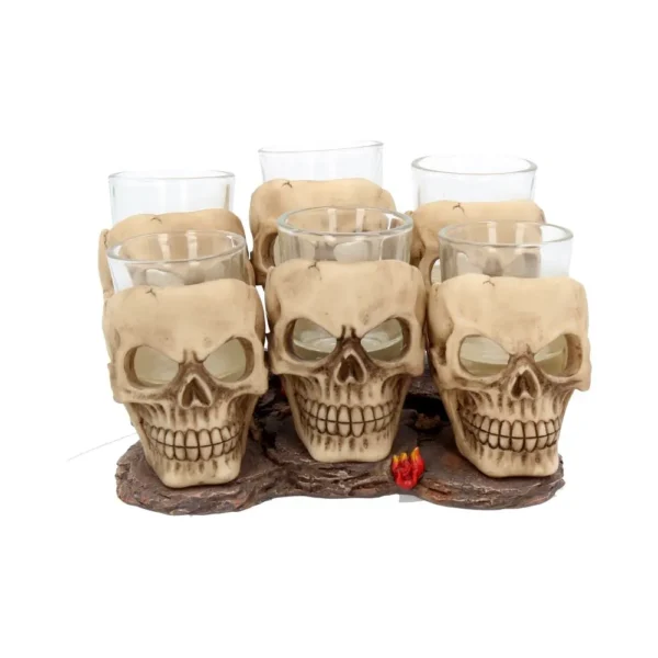 Skull Shot Glass Set Resin Holders Bone White Gothic Design Six clear shot glasses held in detailed skull-shaped holders on a rustic wooden base.