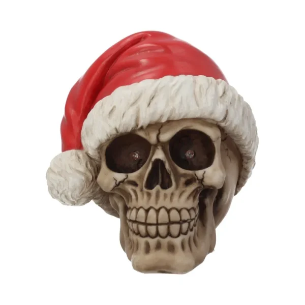 Santa Skull Figurine Resin Beige Red - Gothic Holiday Decor A realistic human skull wearing a red and white Santa hat, holiday decor The-Hidden-Hatch