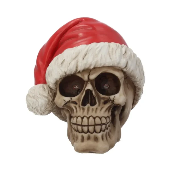 Human Skull Model Resin Sculpture Red Santa Hat Gothic Decor A realistic human skull wearing a red Santa hat, blending gothic and festive themes. The-Hidden-Hatch