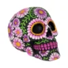 Day of the Dead Skull Ceramic Black - Pink Floral Design Black ceramic Day of the Dead skull decorated with colorful pink and white floral designs.