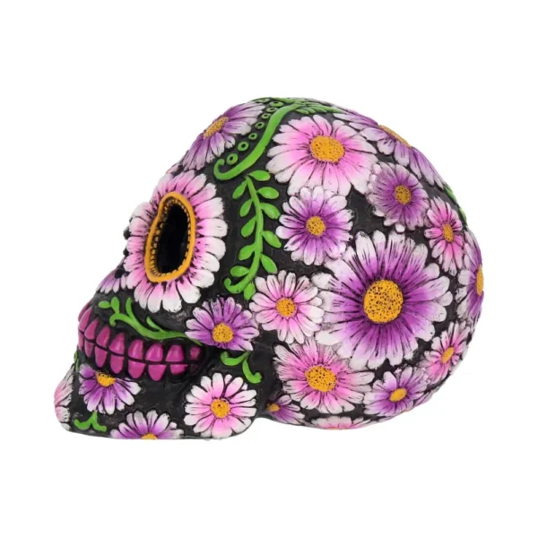 Floral Sugar Skull Ceramic Decor Black - Pink and Purple Flowers A black decorative skull painted with colorful pink and purple floral patterns and green vines.