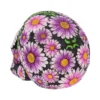 Floral Skull Sculpture Resin Art - Purple Daisies And Green Leaves A colorful floral-painted skull sculpture decorated with vibrant soap daisies and green leaves.
