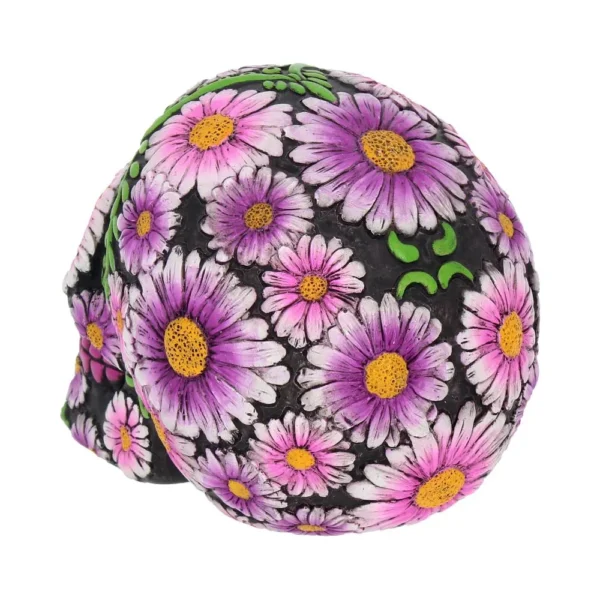 Floral Skull Sculpture Resin Art - Purple Daisies And Green Leaves A colorful floral-painted skull sculpture decorated with vibrant soap daisies and green leaves.
