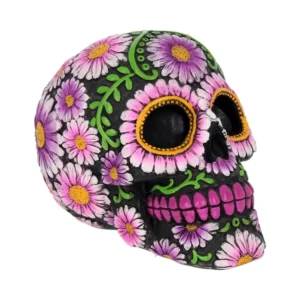 Day of the Dead Skull Ceramic Black - Pink Floral Design Black ceramic Day of the Dead skull decorated with colorful pink and white floral designs.