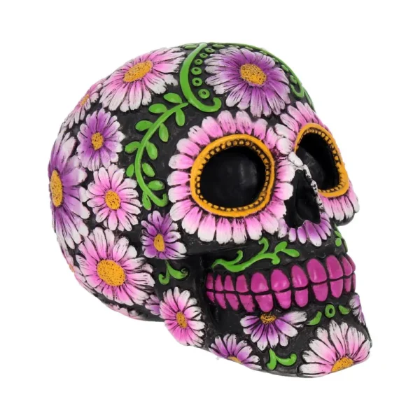 Day of the Dead Skull Ceramic Black - Pink Floral Design Black ceramic Day of the Dead skull decorated with colorful pink and white floral designs.