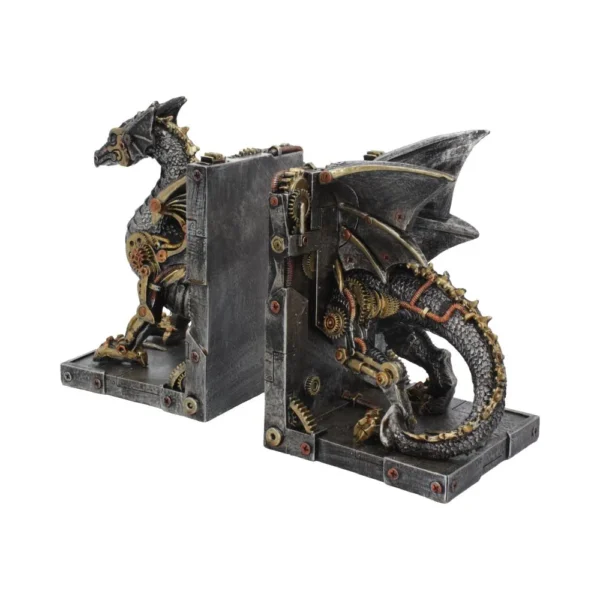Steampunk Dragon Bookend Set Metal Bronze - Mechanical Wings Steampunk dragon bookend set with metallic gears and wings holding books. The-Hidden-Hatch