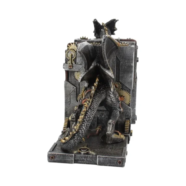 Steampunk Dragon Statue Metallic Gray - Gears and Winged Detail A steampunk mechanical dragon statue with gears and metallic wings guarding a machine wall. The-Hidden-Hatch