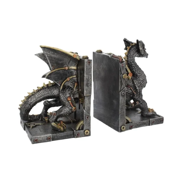 Steampunk Dragon Bookends Metal Bronze Accents - Riveted Base Steampunk dragon bookends with metallic gears and bronze accents on a riveted base The-Hidden-Hatch