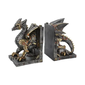 Steampunk Dragon Bookends Metal Bronze Finish - Mechanical Gears Steampunk mechanical dragon bookends with metallic gears and bronze accents holding books. The-Hidden-Hatch