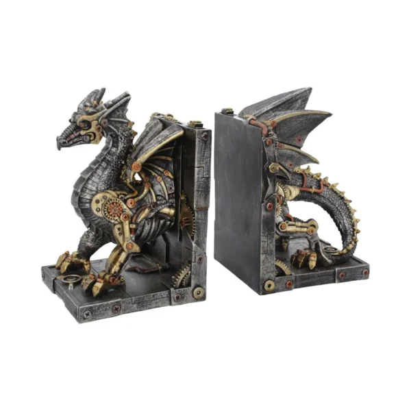 Steampunk Dragon Bookends Metal Bronze Finish - Mechanical Gears Steampunk mechanical dragon bookends with metallic gears and bronze accents holding books. The-Hidden-Hatch