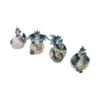 Green Blue Baby Dragon Figurines Resin Set - Hatching Eggs Four green and blue baby dragon figurines hatching from cracked cream-colored eggs in a row.