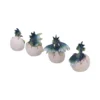 Dragon Hatchling Figurines Resin Set - Green Blue Cracked Eggs Four small green and blue dragon figurines hatching from cracked off-white eggs in a row.