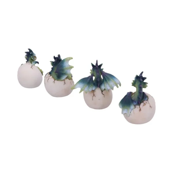 Dragon Hatchling Figurines Resin Set - Green Blue Cracked Eggs Four small green and blue dragon figurines hatching from cracked off-white eggs in a row.