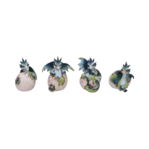 Baby Dragon Figurine Set Ceramic Green Blue - Hatching Eggs Four colorful baby dragon figurines hatching from beige eggs, painted in green, blue, and turquoise.