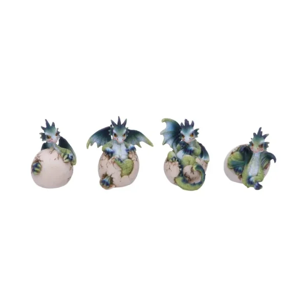 Baby Dragon Figurine Set Resin Blue Green - Hatching Egg Series Four blue-green baby dragon figurines hatching from cracked eggs in different stages of emergence.