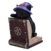 A black cat wizard figurine reading an ornate magical book with gold pentagrams The-Hidden-Hatch