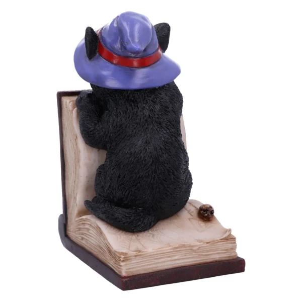 Black cat figurine with purple witch hat sitting on open spellbook and small skull. The-Hidden-Hatch