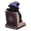 Black Cat Wizard Figurine Resin Statue - Purple Hat Magic Book Cat Bookend. A black cat wizard figurine reading an ornate magical book with gold pentagrams The-Hidden-Hatch