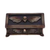 Gothic Jewelry Box Resin Black Bronze - Winged Skull Design A black and bronze gothic jewelry box featuring winged skull motifs and ornate antique detailing.