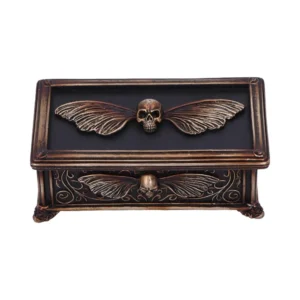 Gothic Jewelry Box Resin Black Bronze - Winged Skull Design A black and bronze gothic jewelry box featuring winged skull motifs and ornate antique detailing.