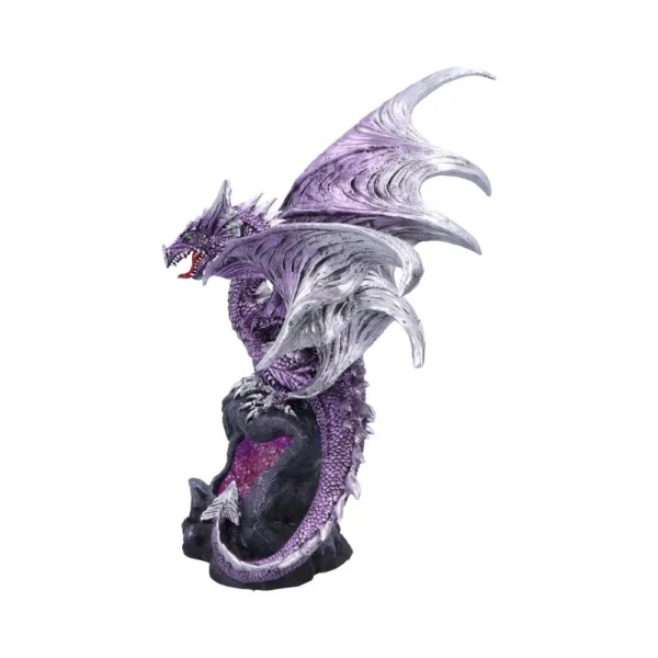 Purple Silver Dragon Sculpture - Coiled Guardian Amethyst Base A purple and silver dragon sculpture coiled around a rocky amethyst geode base.