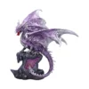 Purple Silver Dragon Sculpture - Wings Raised Over Crystal Base A purple and silver dragon sculpture perched on a rocky base with glowing pink crystals.