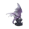 Fantasy Dragon Figurine Statue Metallic Purple Silver Wings A metallic purple and silver dragon figurine perched on a rocky base, wings partly spread.