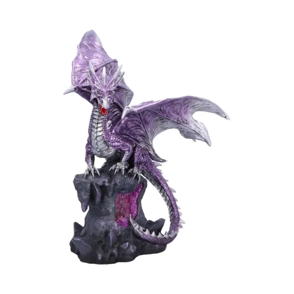 Purple Silver Dragon Figurine Statue - Crystal Rock Base A purple and silver dragon figurine perched on a crystal-studded rock base.