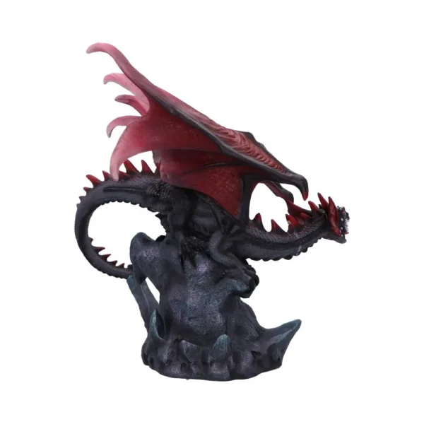 Black and Red Dragon Sculpture Resin Statue - Winged Mythic Design A dark red and black dragon sculpture perched on a jagged gray rock base.