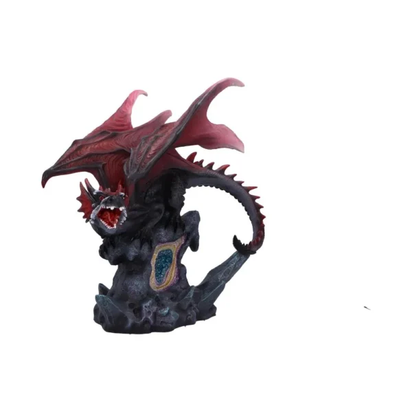 Dark Stone Dragon Sculpture - Red Wings & Glowing Gem Base A dark stone-like dragon sculpture with red wings roaring atop a rocky base and glowing gem.
