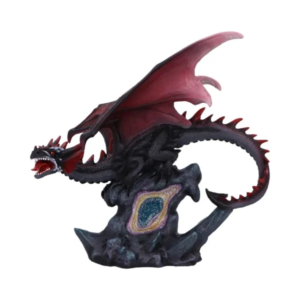 Black And Red Dragon Figurine Statue - Crystal Geode Base A black and red dragon figurine perched on a rocky base with a shimmering crystal geode.